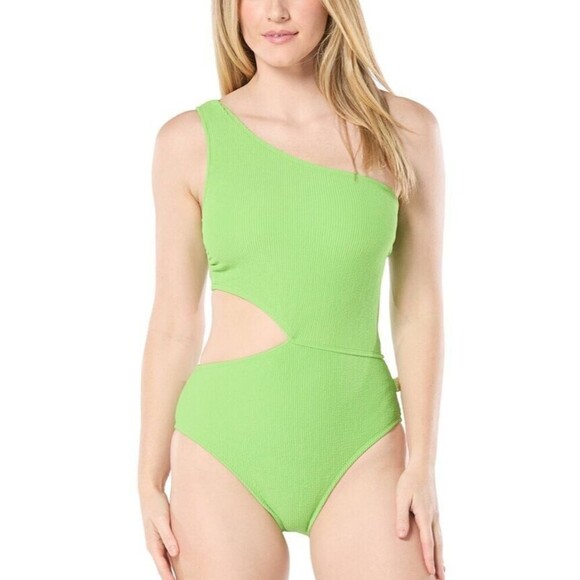 MICHAEL Michael Kors Women's Ribbed One-Shoulder Side-Cutout Swimsuit Green 6 - Picture 1 of 9
